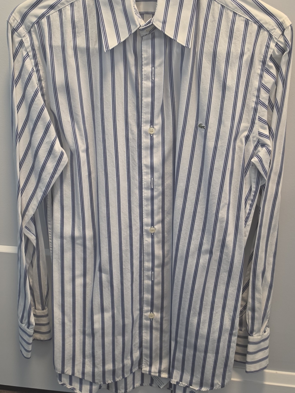 Lacoste White Dress Shirt with Blue Vertical Stripes